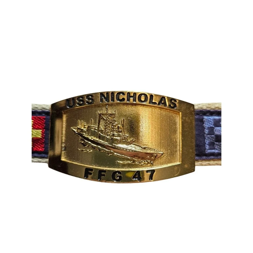USS Nicholas FFG 47 Military Web Belt Gold Buckle Nautical Signal Flags Khaki